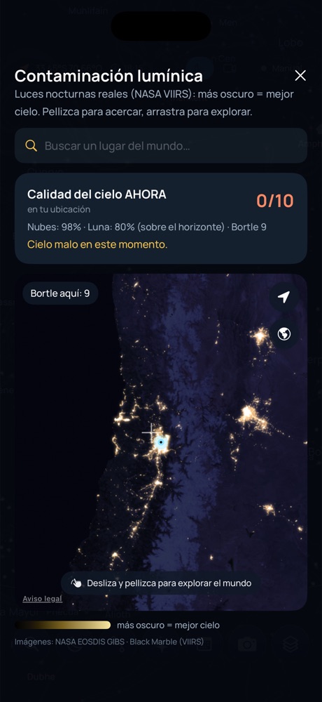 Mapa de contaminación lumínica NASA VIIRS en Constella